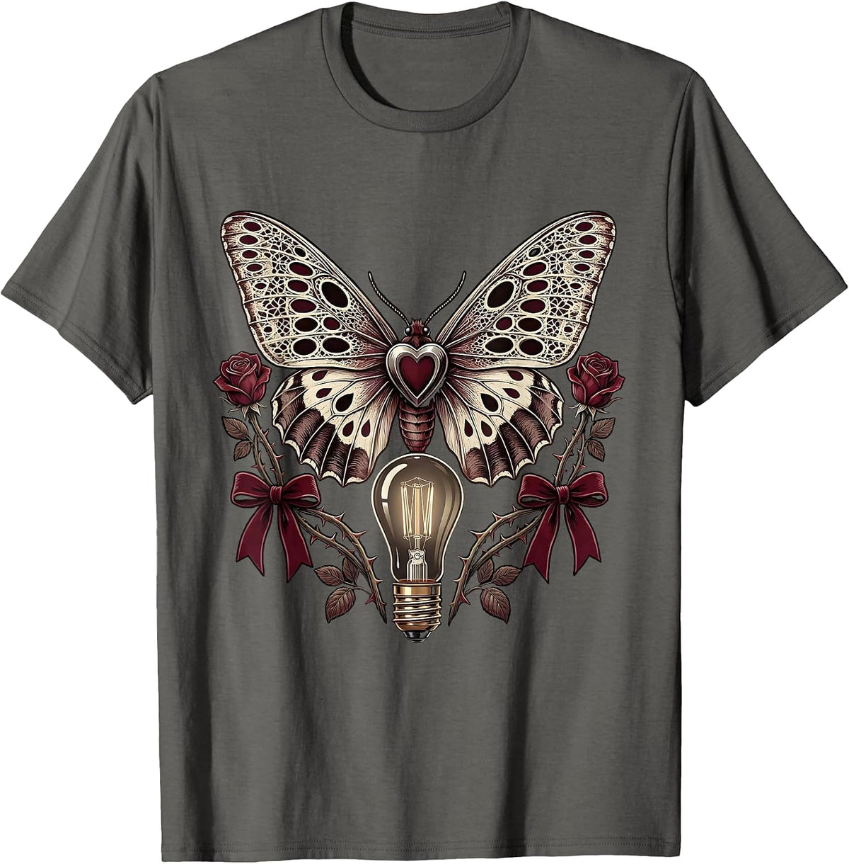 Moth and Vintage Light Bulb Rock Band Graphic T-Shirt - Asphalt Grey