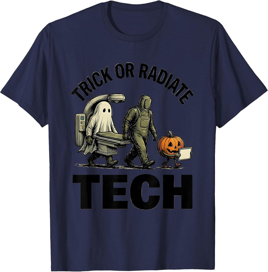 Trick Or Radiate Tech Funny Radiology Tech Halloween Humor T-Shirt - Navy Blue