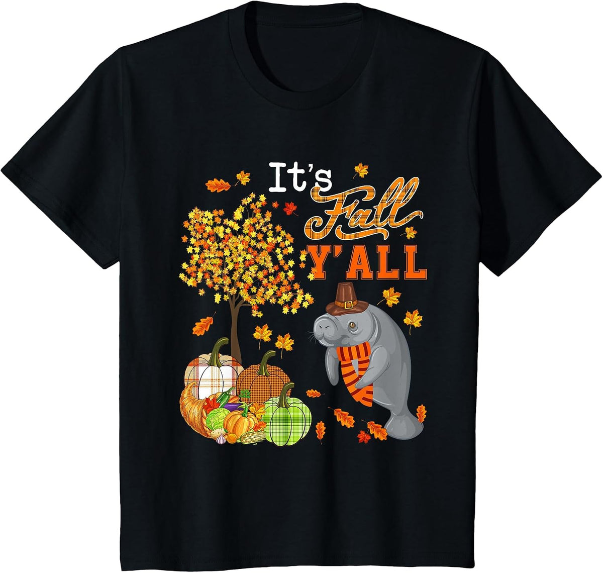 It's Autumn Y'all Thanksgiving Manatee Fall Tree Pumpkins T-Shirt - Black