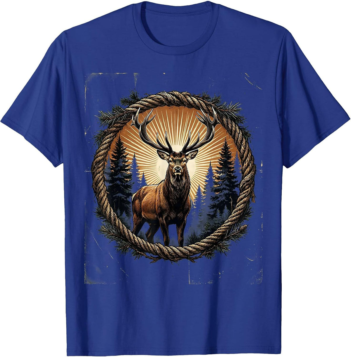 Men's Buck in Misty Forest Clearing Hunting Graphic T-Shirt - Royal Blue