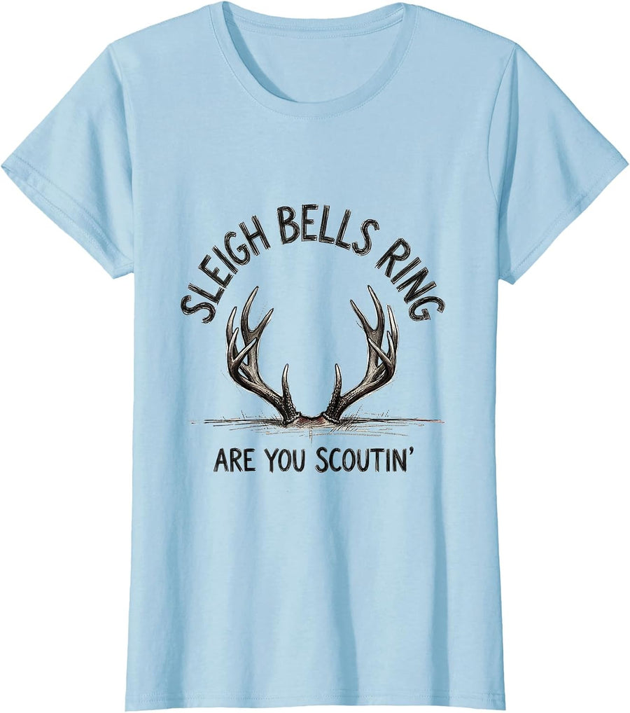 Women's Sleigh Bells Ring, Are You Scoutin' Funny Christmas Deer T-Shirt - Baby Blue