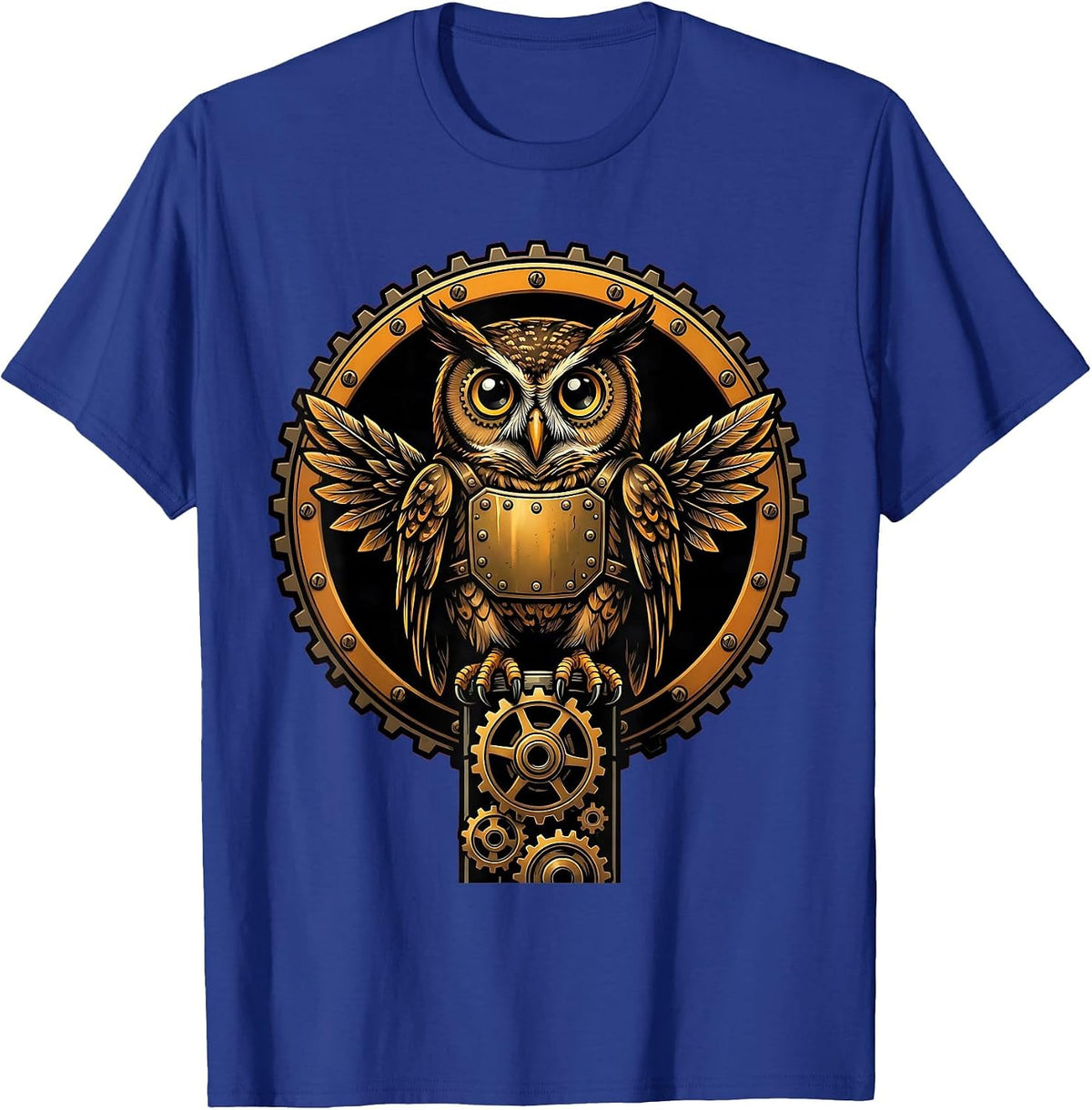 Men's Steampunk Mechanical Owl on Gear Stack Design T-Shirt - Royal Blue