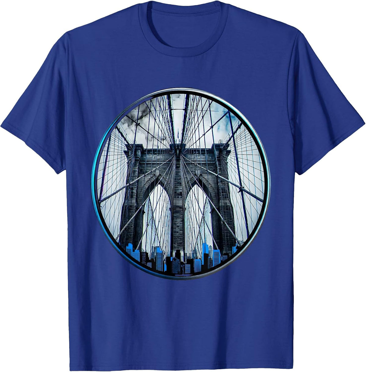 Brooklyn Bridge Foggy Skyline Illustration T-Shirt - Royal Blue