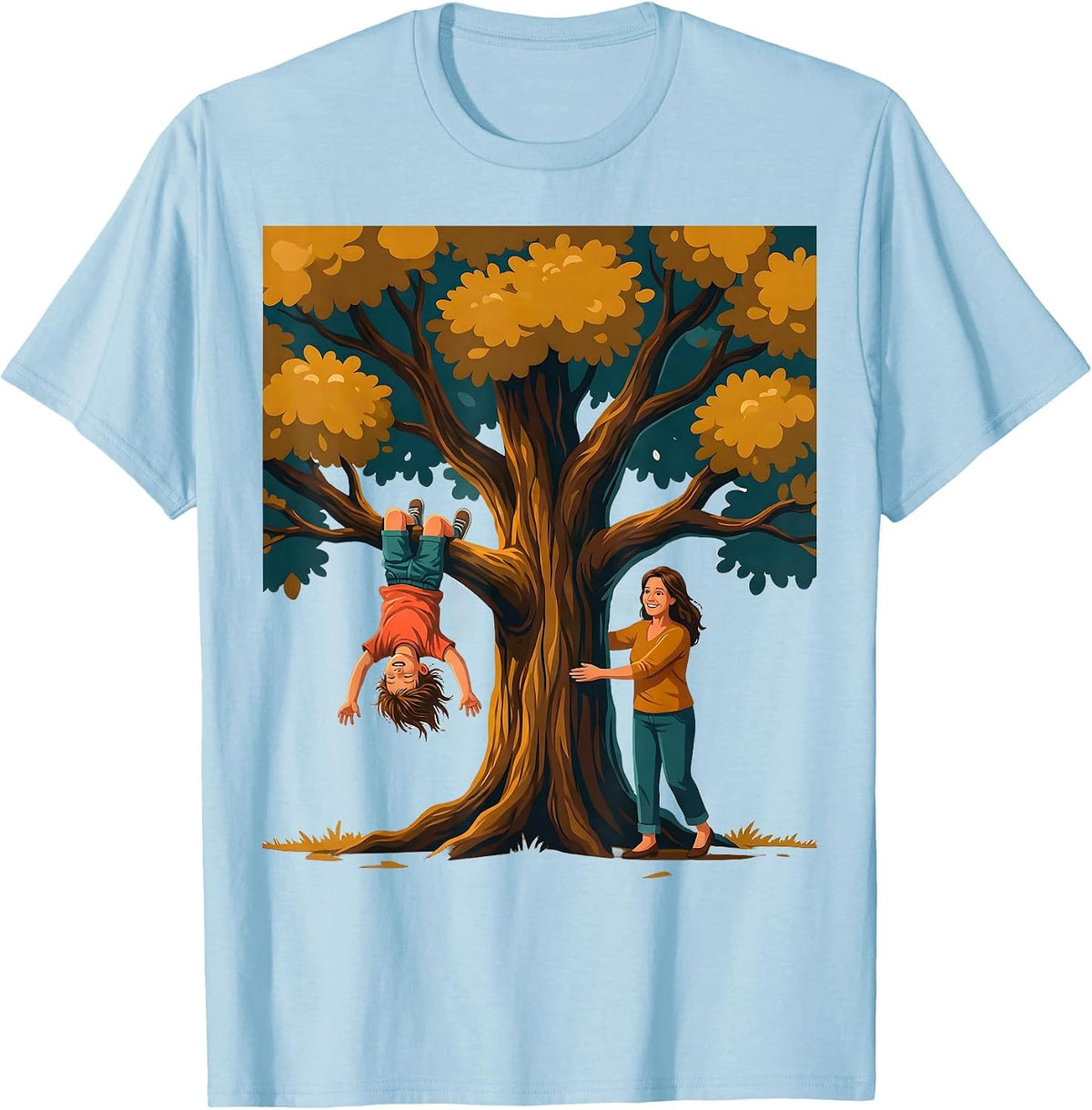 Men's Boy Mom Upside Down Tree Climbing Illustration T-Shirt - Baby Blue
