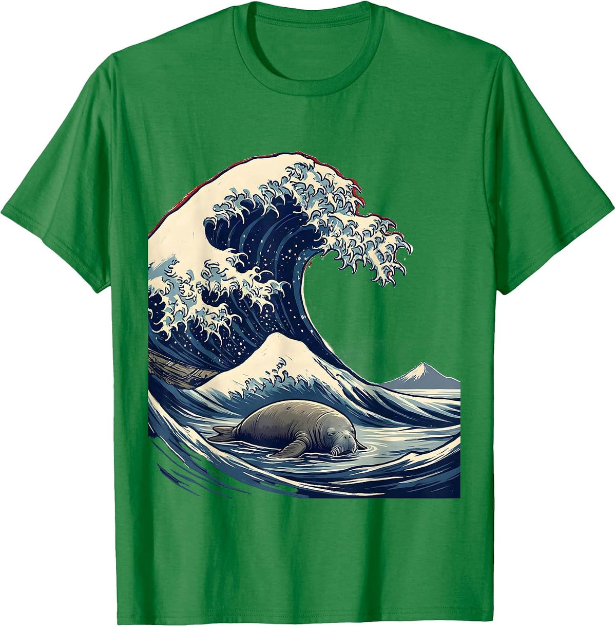 Men's Great Wave Manatee Japanese Art Animal Meme Humor T-Shirt - Kelly Green