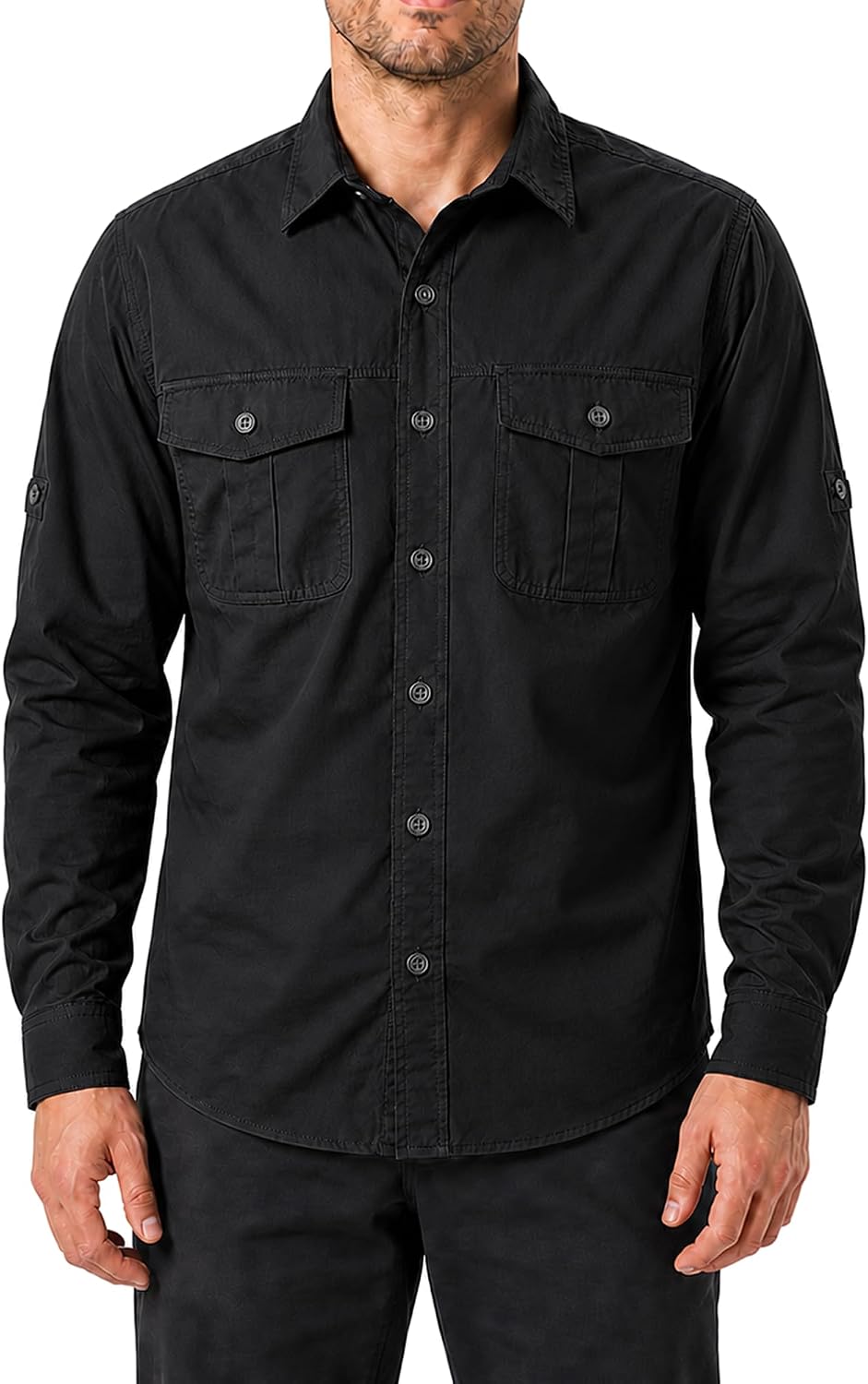 FREDD MARSHALL Men's Long Sleeve Cotton Cargo Work Shirt with Pockets - Black