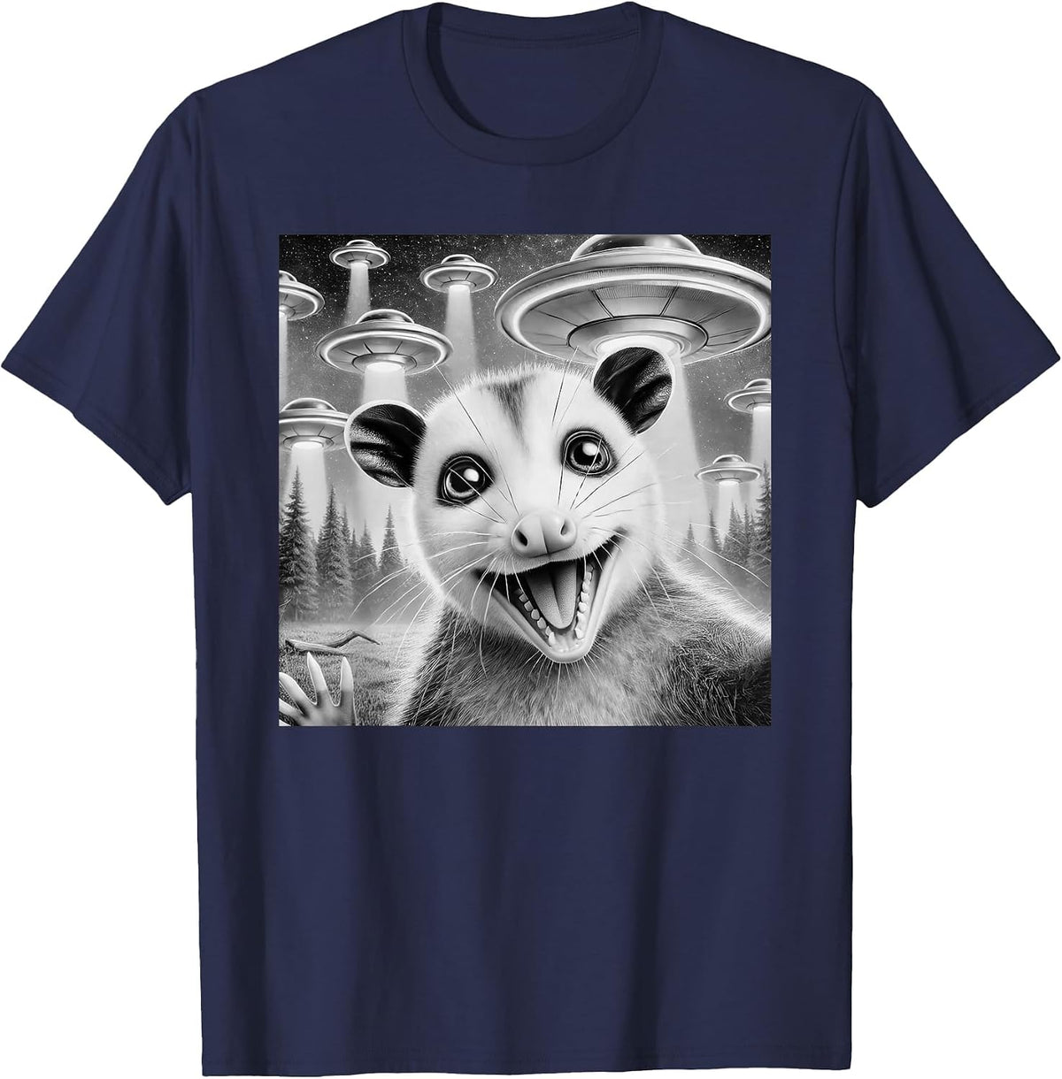 Opossum Selfie with Alien UFO Meme Men Women Kids T-Shirt - Navy Blue