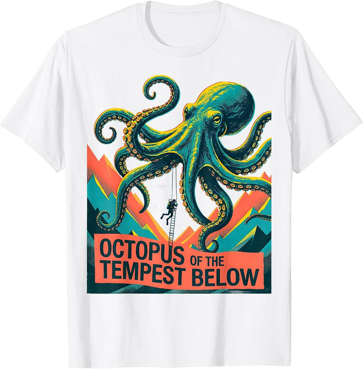 Men's Octopus of the Tempest Below Risograph Octopus Lover Ocean T-Shirt - White