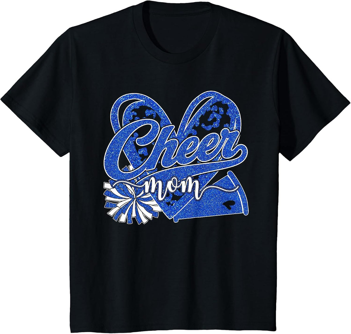 Cheer Mom Blue Megaphone Pom Pom Heart Cheerleader Spirit T-Shirt - Black