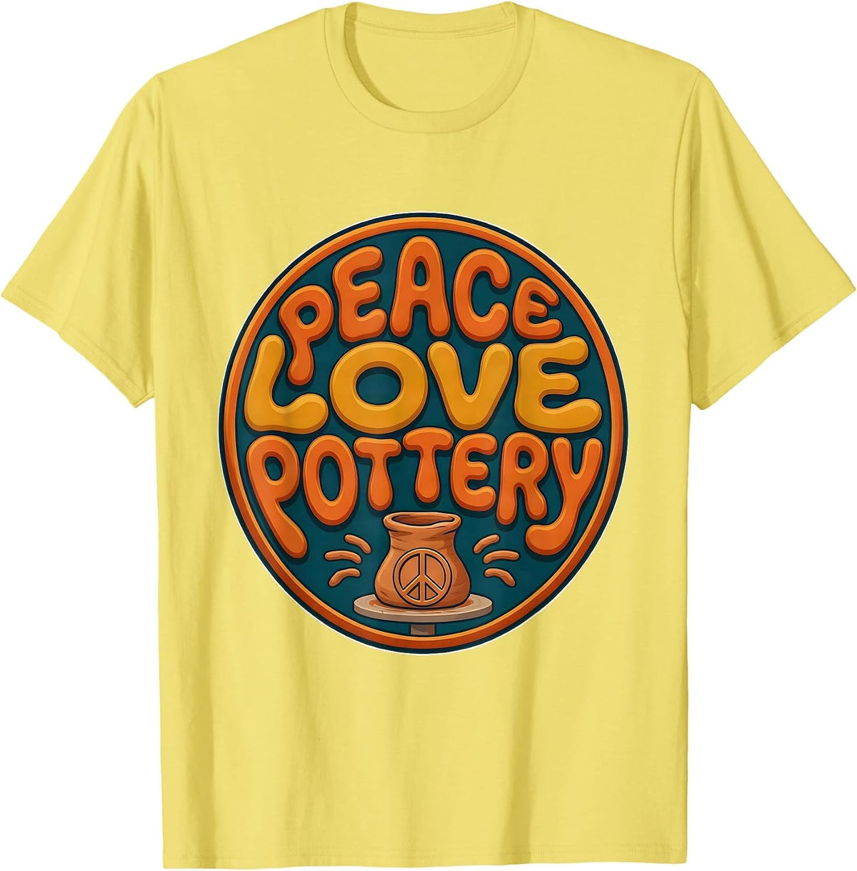 Men's Peace Love Pottery Hippie 60s 70s Retro Costume Party T-Shirt - Lemon Yellow