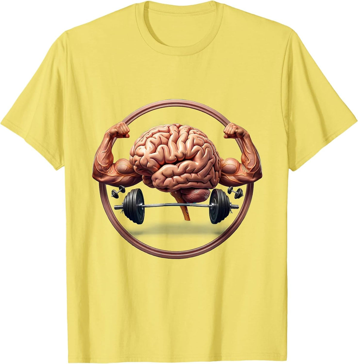 Men's Giant Brain Lifting Tiny Weights Funny Gym Art T-Shirt - Lemon Yellow