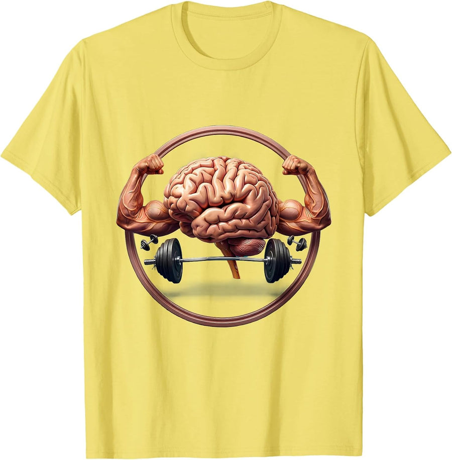 Men's Giant Brain Lifting Tiny Weights Funny Gym Art T-Shirt - Lemon Yellow