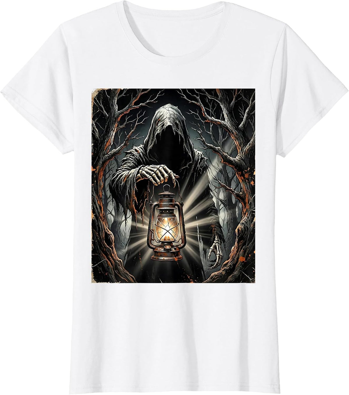 Dark Forest Lantern Cloaked Figure Heavy Metal T-Shirt - White