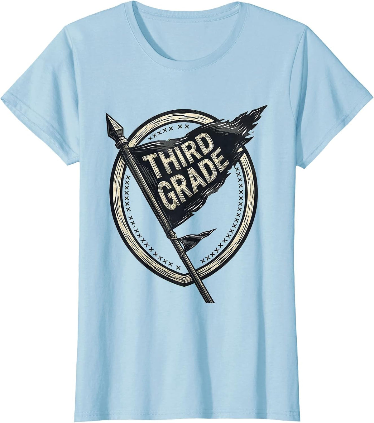 Women's Third Grade Linocut Shield Pennant Back to School Teacher T-Shirt - Baby Blue