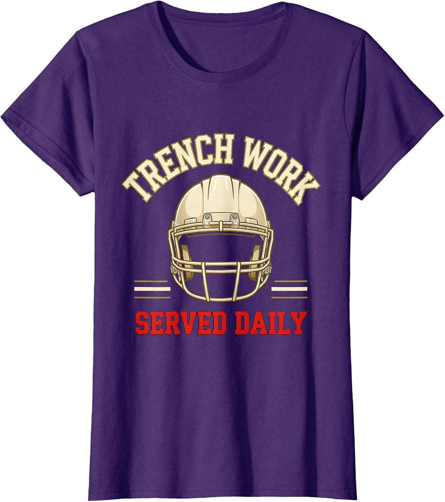 Women's Trench Work Served Daily Funny Football Lineman Game Day T-Shirt - Purple