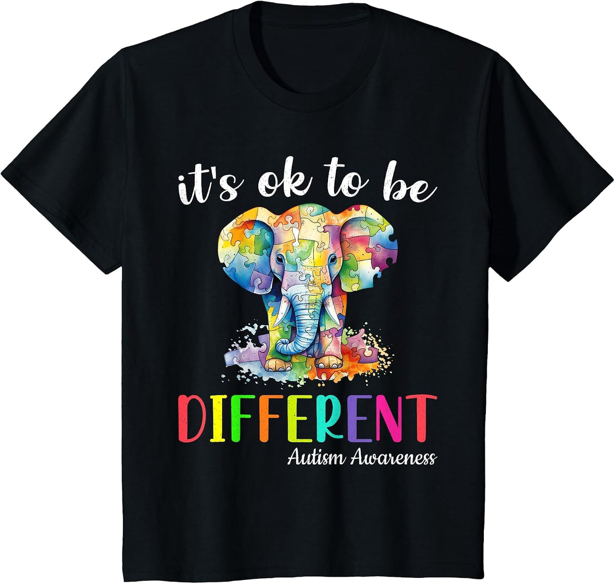 Elephant Autism Awareness It's Ok to Be Different Boys Kids T-Shirt - Black