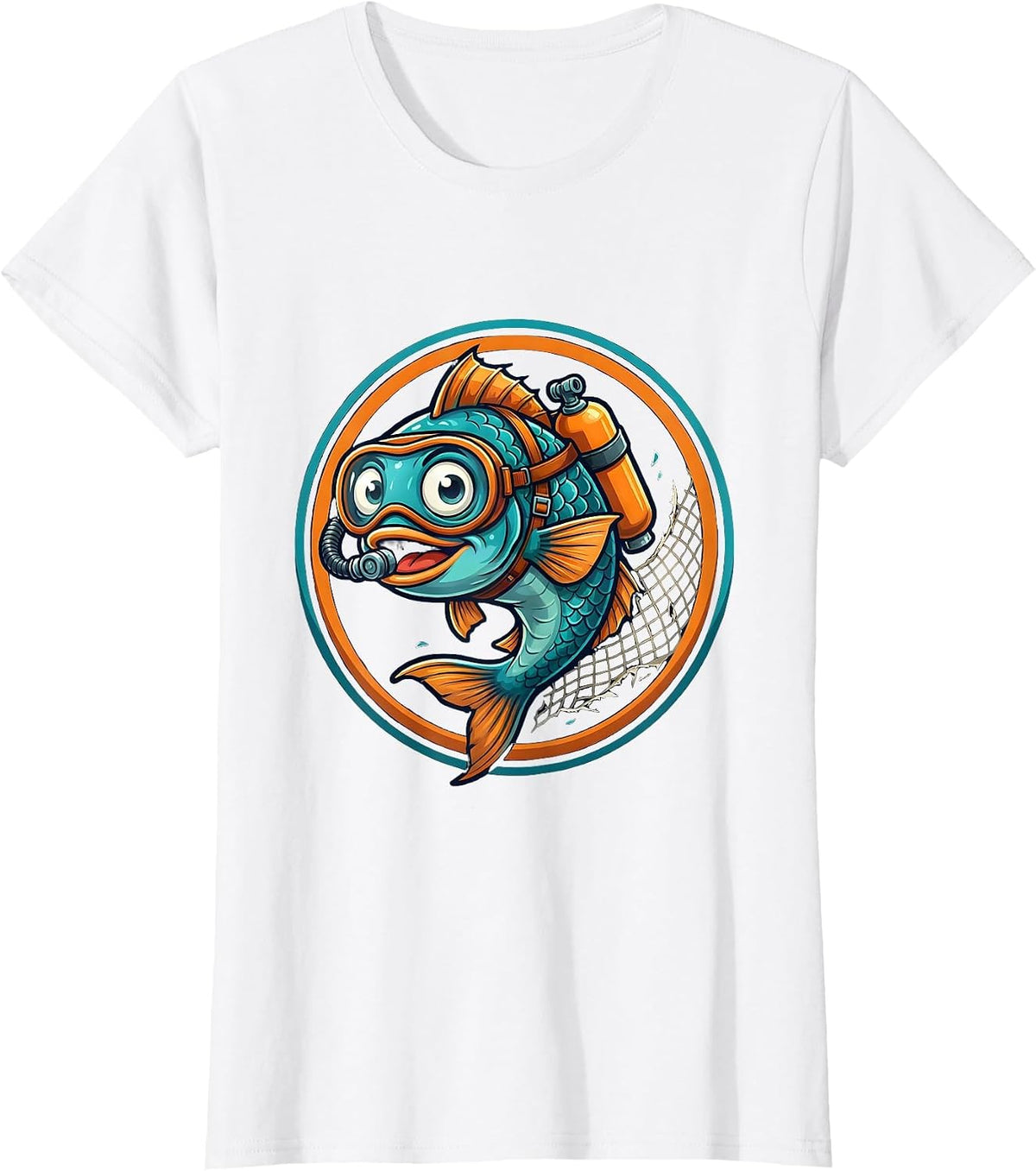 Funny Fish Scuba Diver Escaping Net Illustration T-Shirt - White