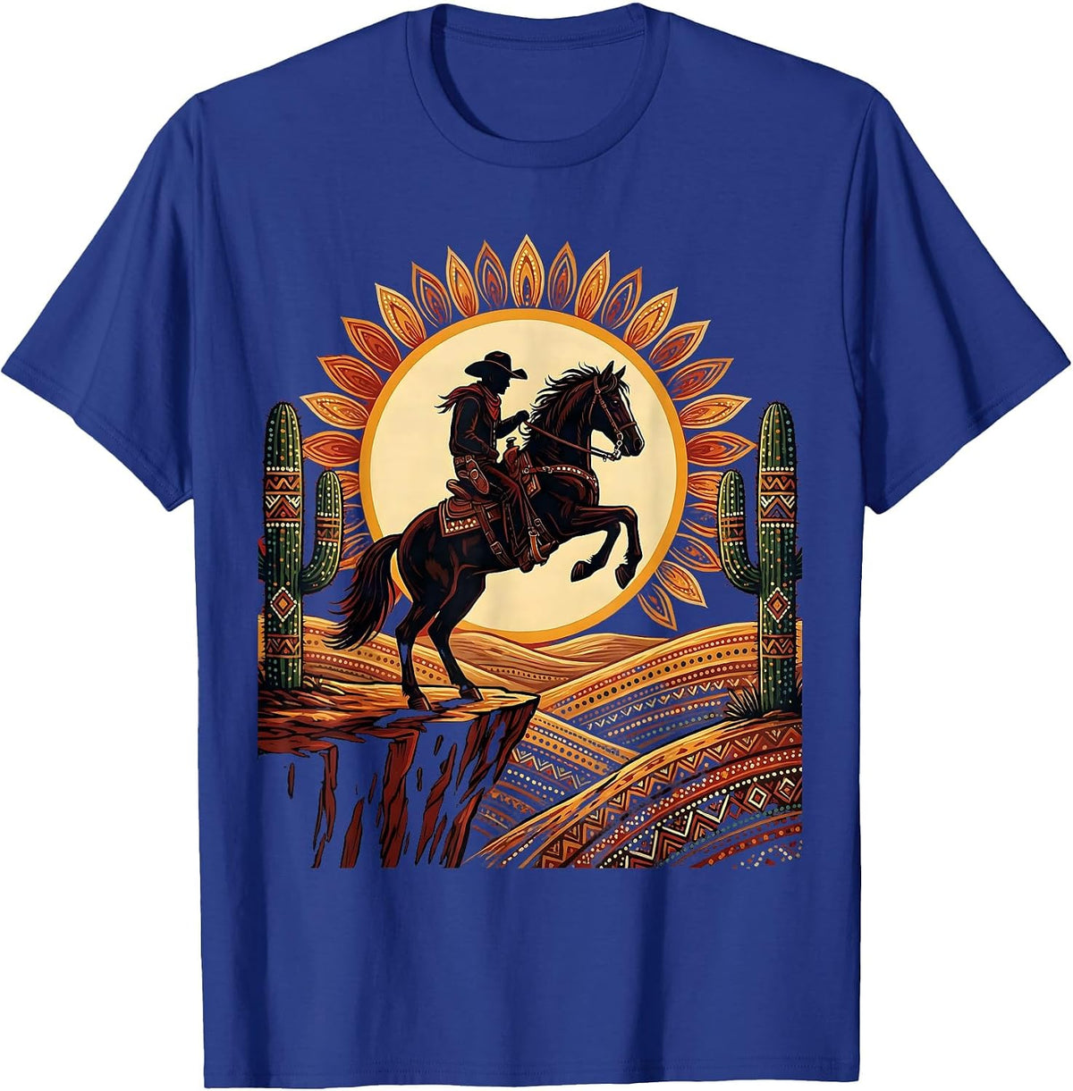 Cowboy Horse Rearing on Cliff Edge Graphic T-Shirt - Royal Blue