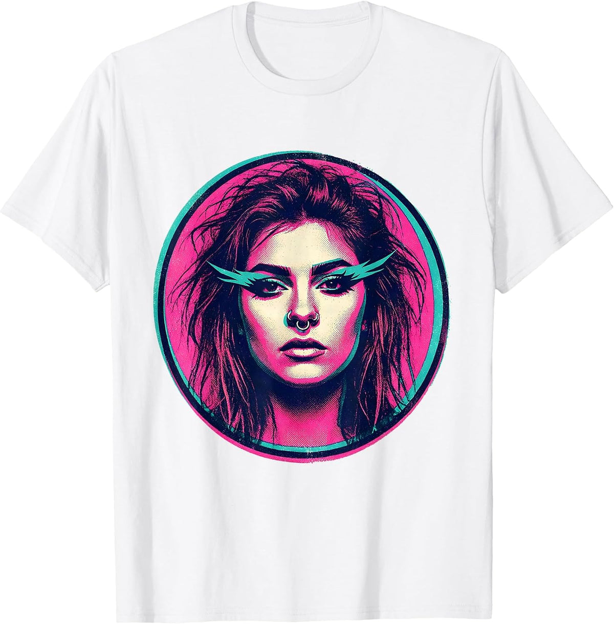 Men's Grunge Winged Eyeliner Nose Ring Illustration T-Shirt - White
