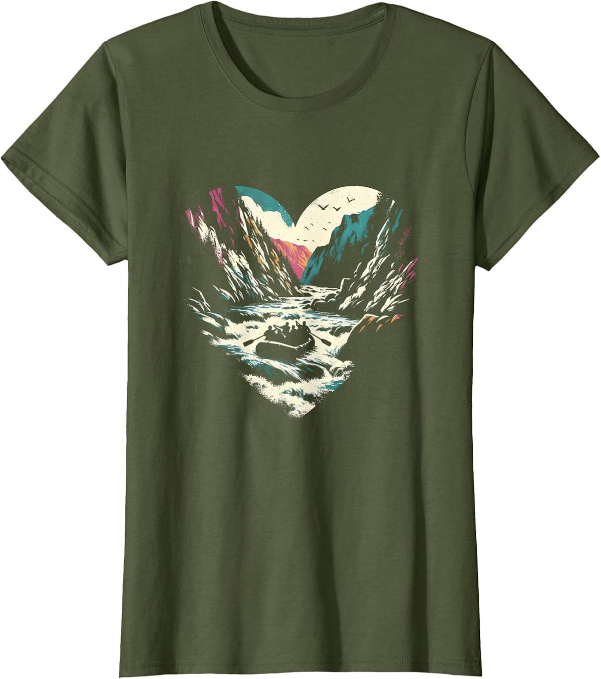 Whitewater Rafting Heart - Vintage Extreme Rafting Lover T-Shirt - Olive Green