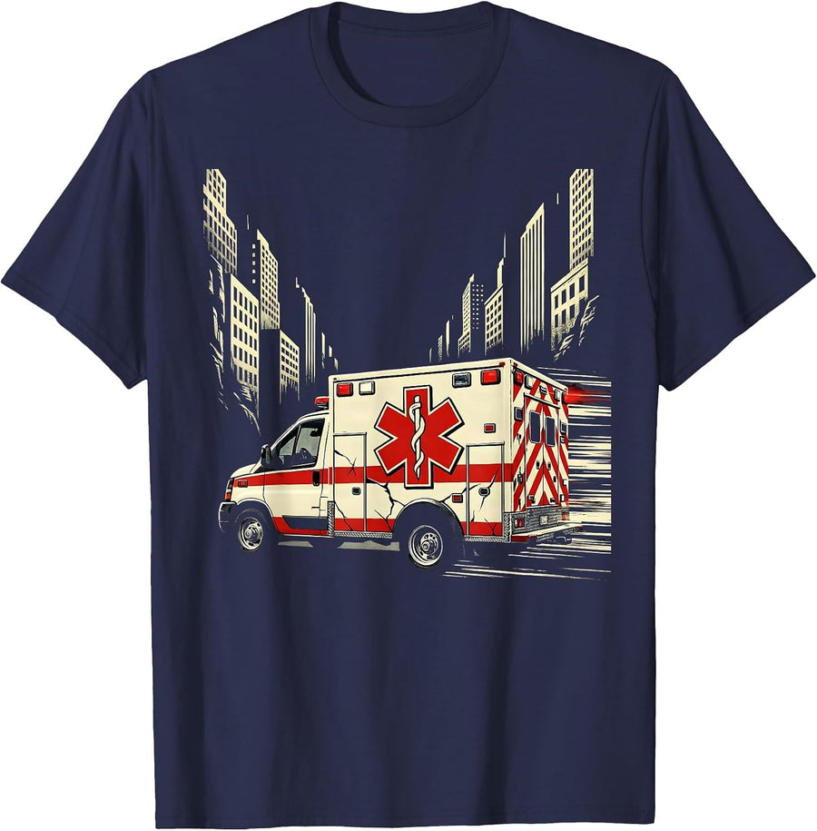 EMT Ambulance Speeding Through City at Night T-Shirt - Navy Blue