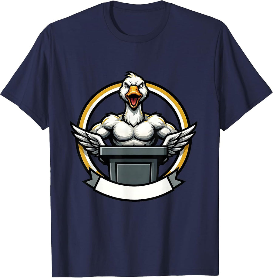 Serious Goose at Podium Funny Animal Speaker T-Shirt - Navy Blue
