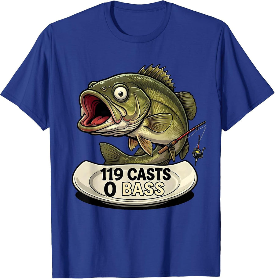 Men's 119 Casts 0 Bass Funny Bass Fishing Humor Dad Gift T-Shirt - Royal Blue