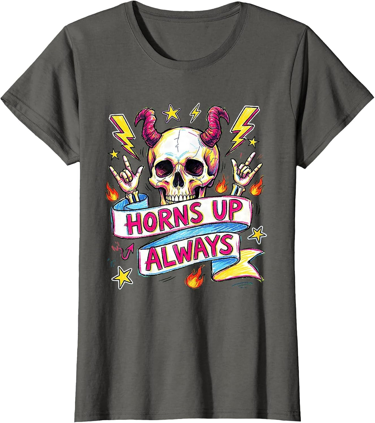 Women's Horns Up Always Heavy Metal Graphic Design T-Shirt - Asphalt Grey