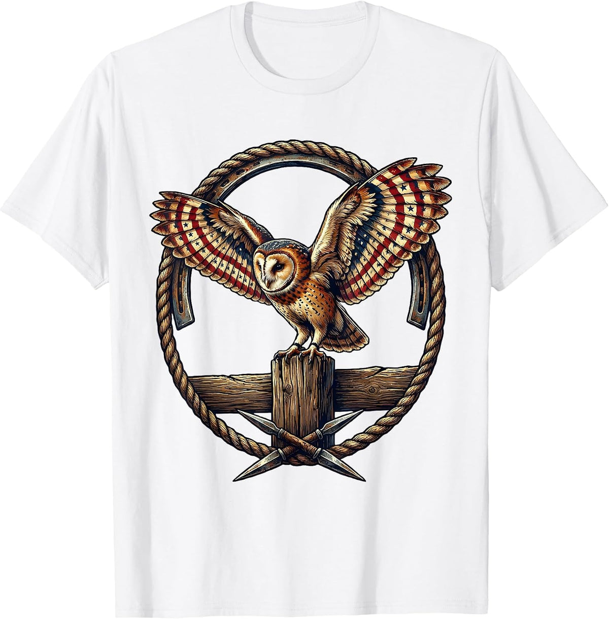 Men's Barn Owl on Fence Post Illustration T-Shirt - White