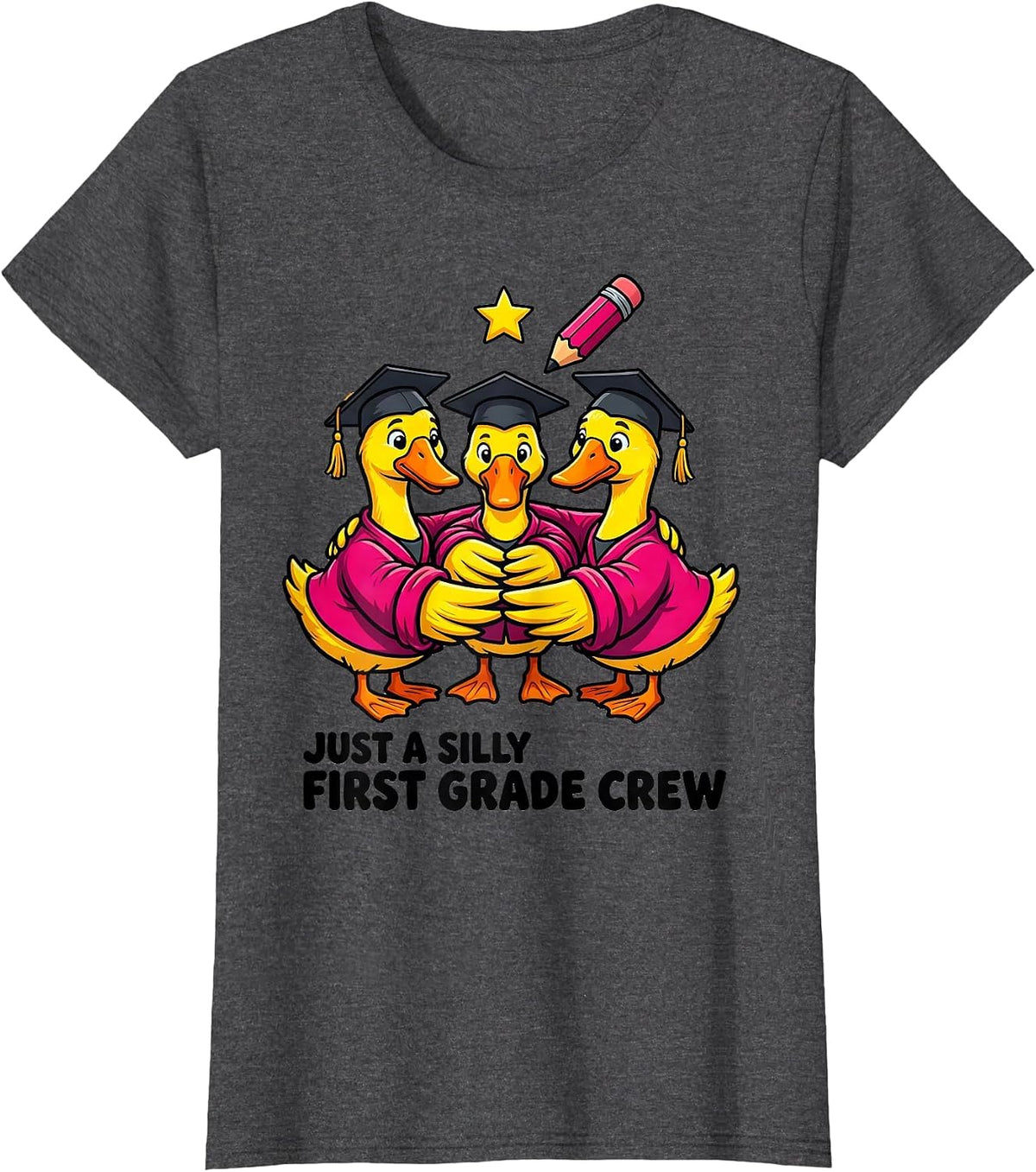 Women's Just A Silly First Grade Crew Funny First Grade Teacher Back T-Shirt - Dark Heather Grey