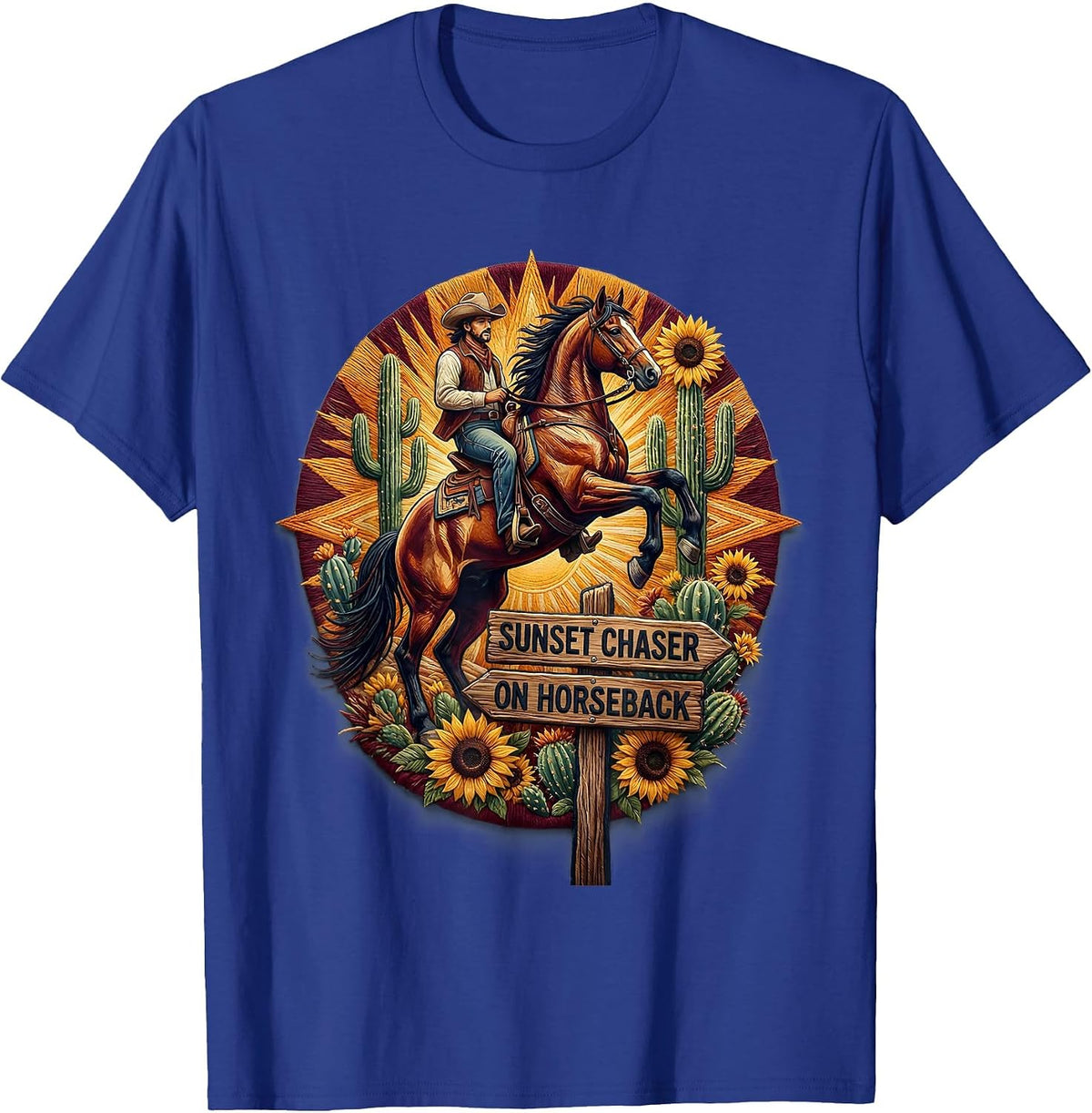 Sunset Chaser On Horseback Cowboy Design T-Shirt - Royal Blue