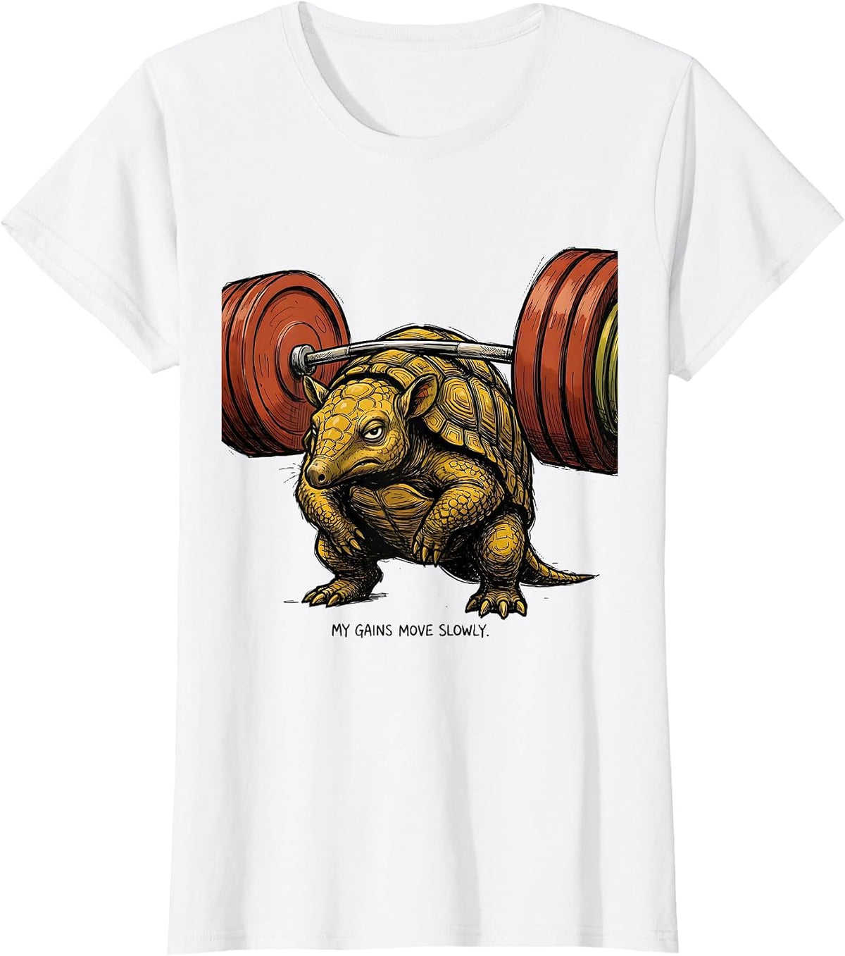 Women's My Gains Move Slowly Funny Gym Weightlifting Workout Animal T-Shirt - White