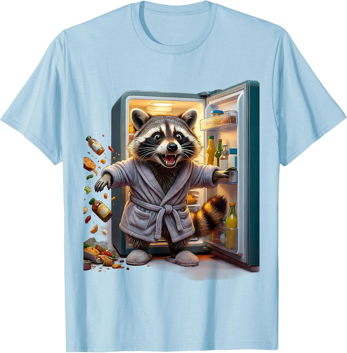 Raccoon Midnight Fridge Raid Funny Illustration T-Shirt - Baby Blue