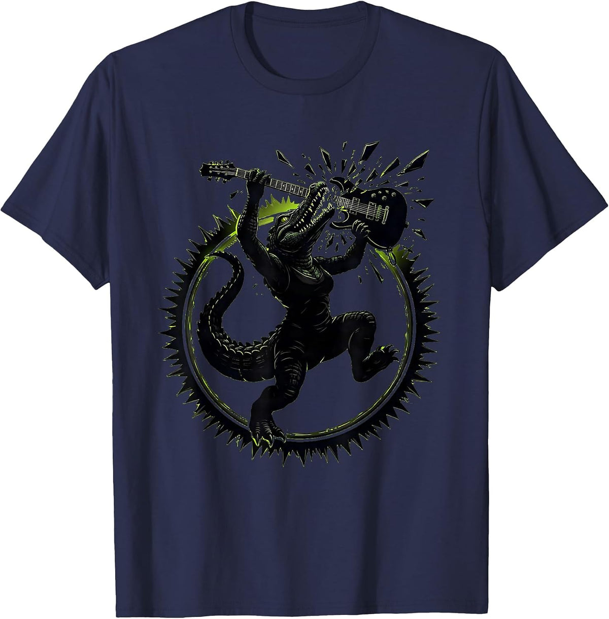 Gator Woman Rockstar Smashing Electric Guitar T-Shirt - Navy Blue