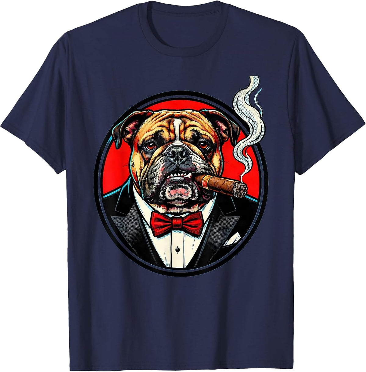 Bulldog in Tuxedo Cigar Chewing Graphic Design T-Shirt - Navy Blue