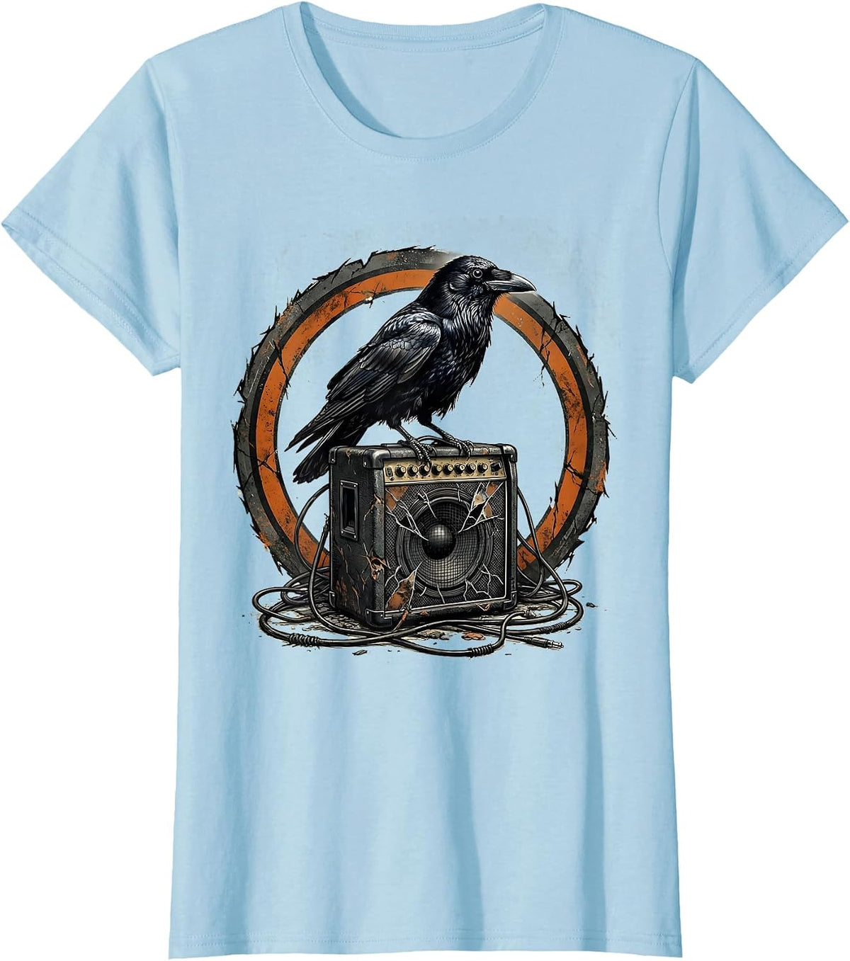 Grunge Crow on Broken Amplifier Illustration T-Shirt - Baby Blue