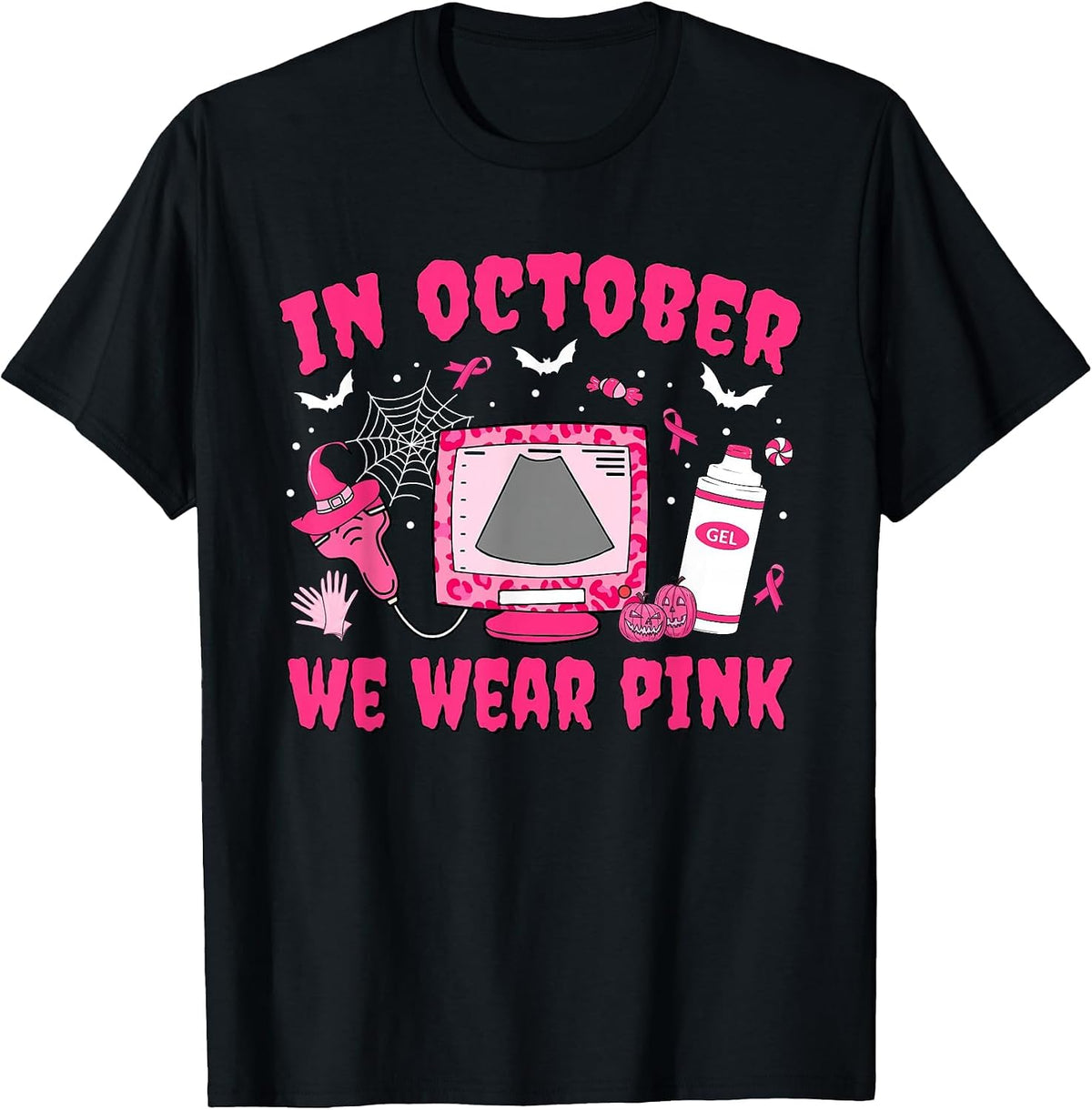 in October We Wear Pink Sonographer Leopard Breast Cancer T-Shirt - Black