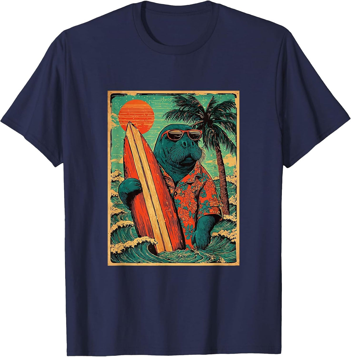 Retro Surfing Manatee Hawaii Vintage Beach Summer Surfer T-Shirt - Navy Blue