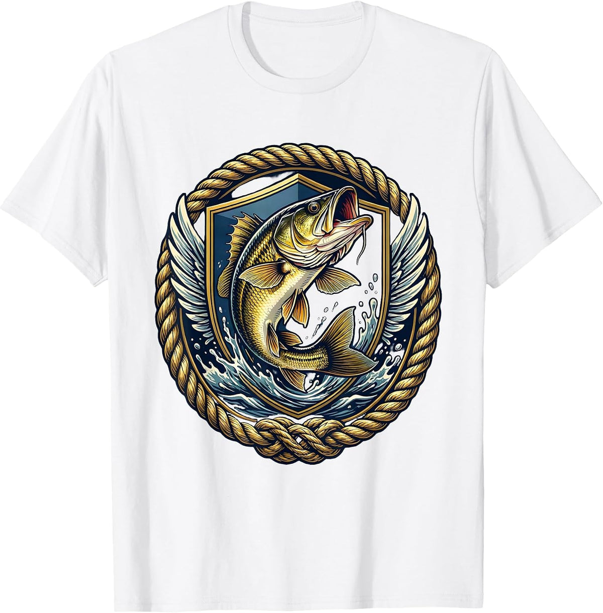 Men's Bass Fish Crashing Through Water Surface Design T-Shirt - White