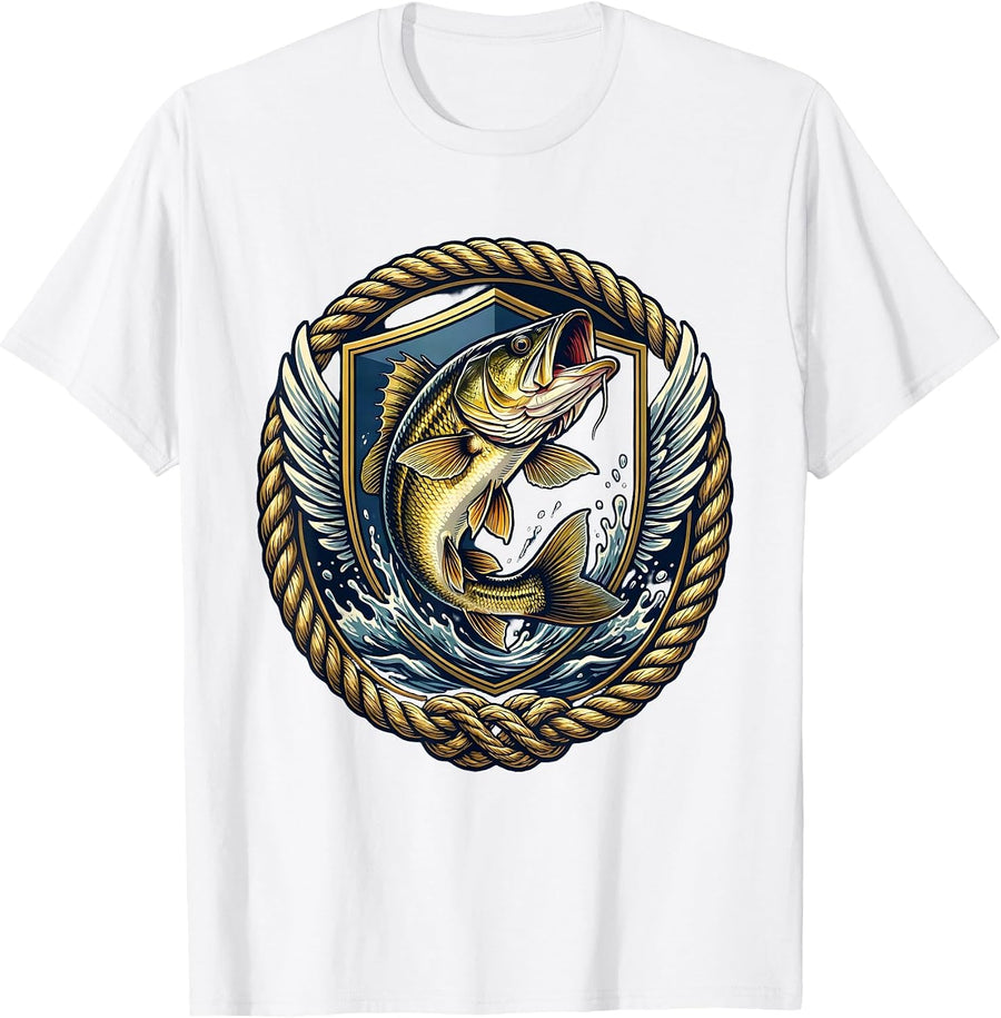 Men's Bass Fish Crashing Through Water Surface Design T-Shirt - White