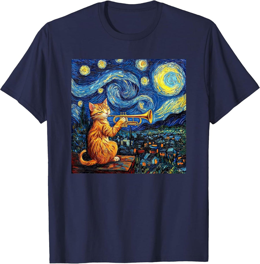 Funny Trumpet Player Cat Shirt Men Womens Kids T-Shirt - Navy Blue