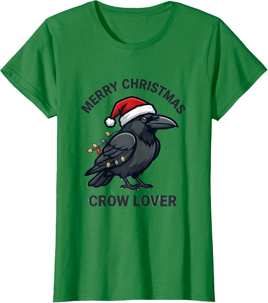 Women's Merry Christmas Crow Lover Santa Hat Lights Mascot Logo T-Shirt - Kelly Green