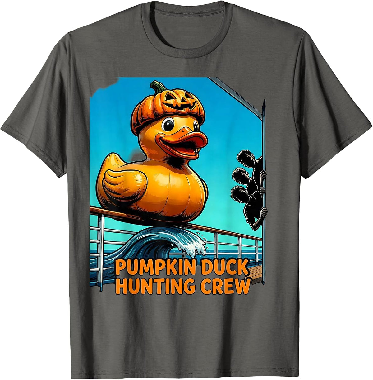 Men's Pumpkin Duck Hunting Crew Funny Halloween Cruise Squad T-Shirt - Asphalt Grey