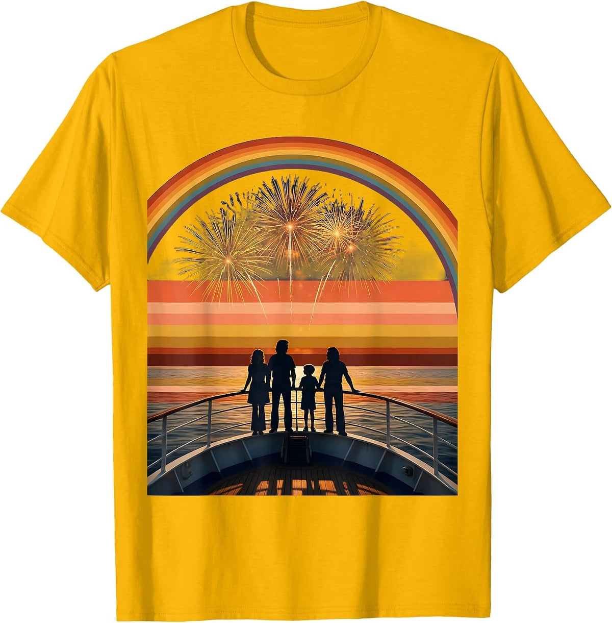 Family Cruise Fireworks Silhouette Over Water T-Shirt - Golden Yellow