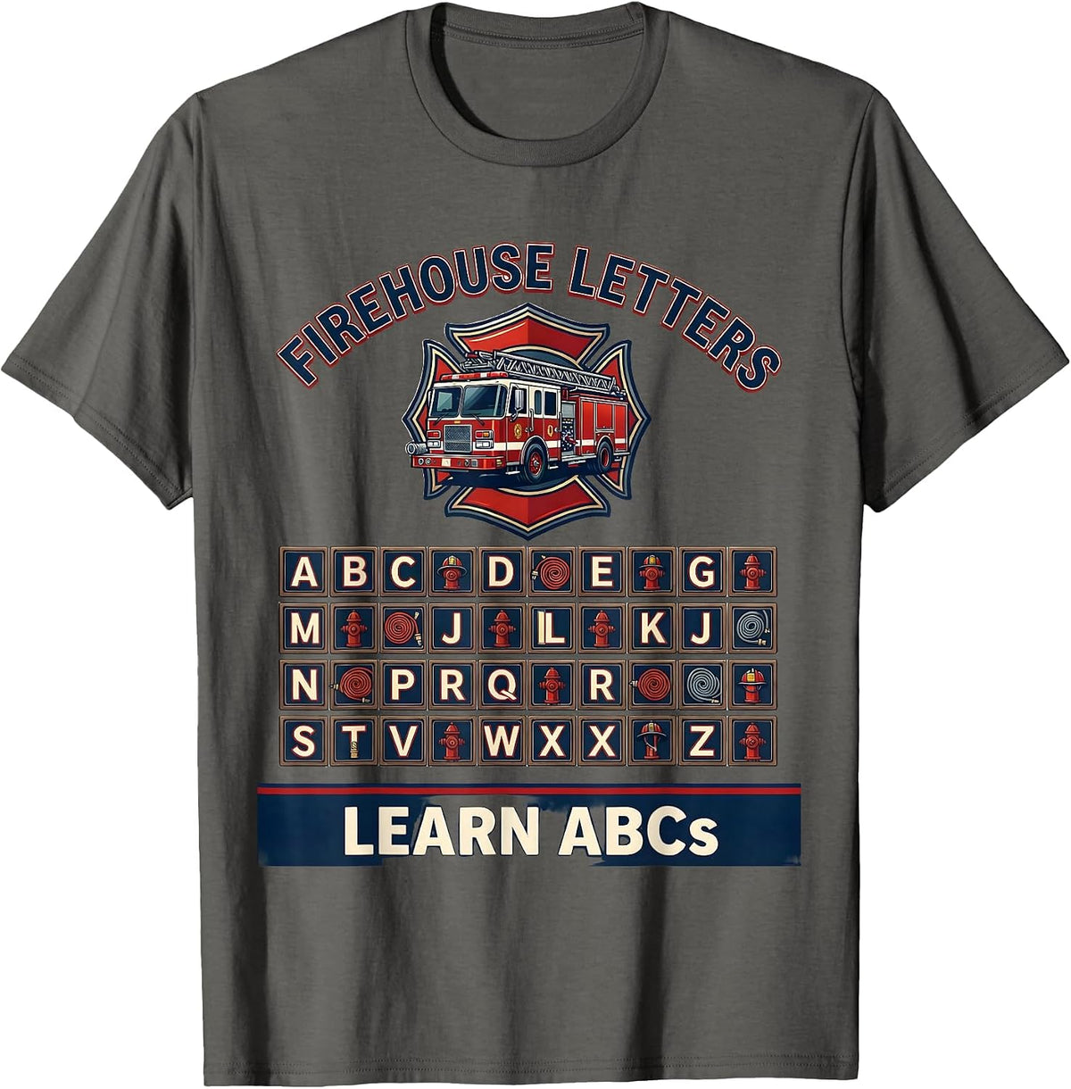 Men's Firehouse Letters Learn ABCs Teacher Preschool Alphabet T-Shirt - Asphalt Grey