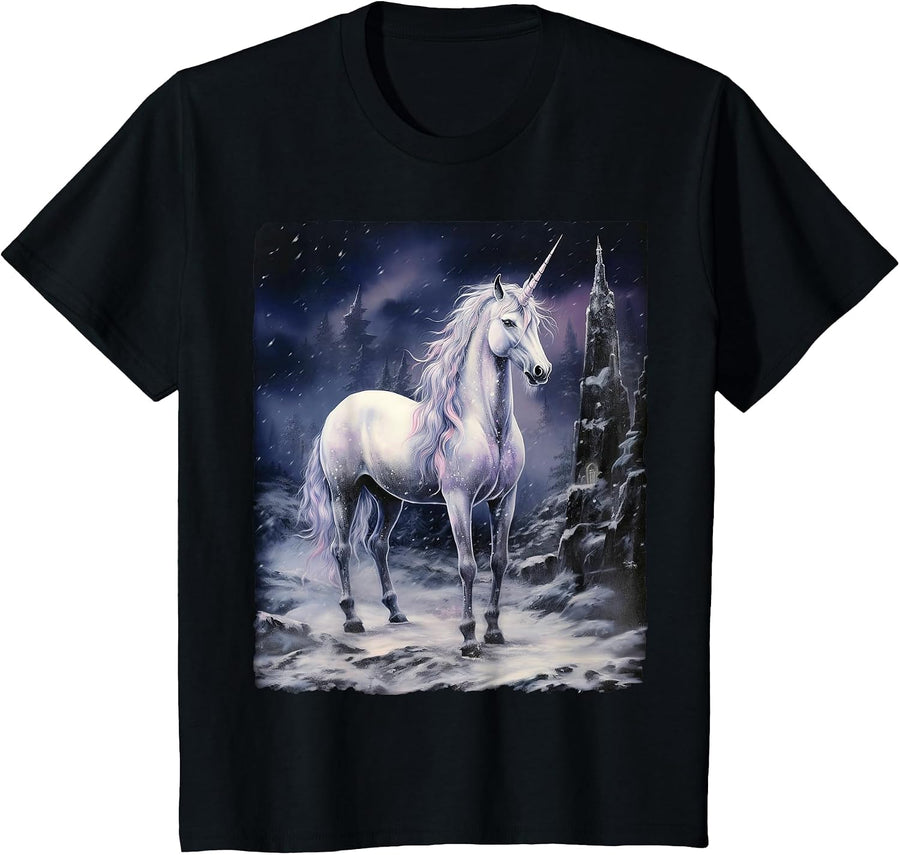 Fantasy White Unicorn Standing on Snowy Mountain T-Shirt - Black