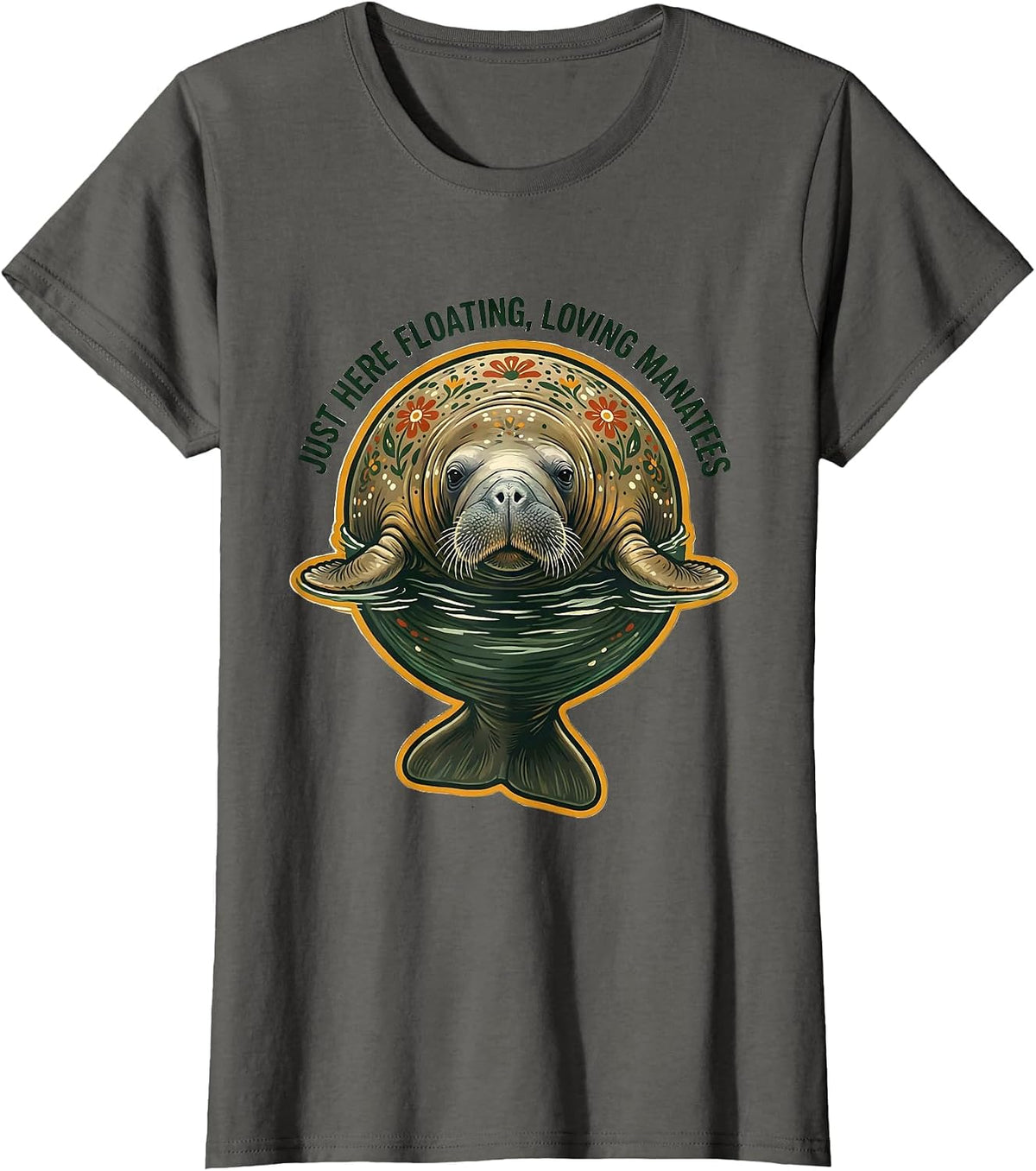 Women's Just Here Floating Loving Manatees Folk Art Florida Souvenir T-Shirt - Asphalt Grey