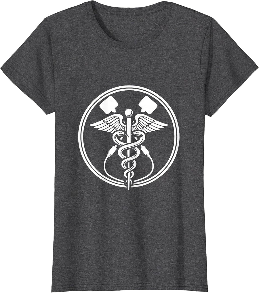 Women's EMT Caduceus Defibrillator Paddles Graphic T-Shirt - Dark Heather Grey