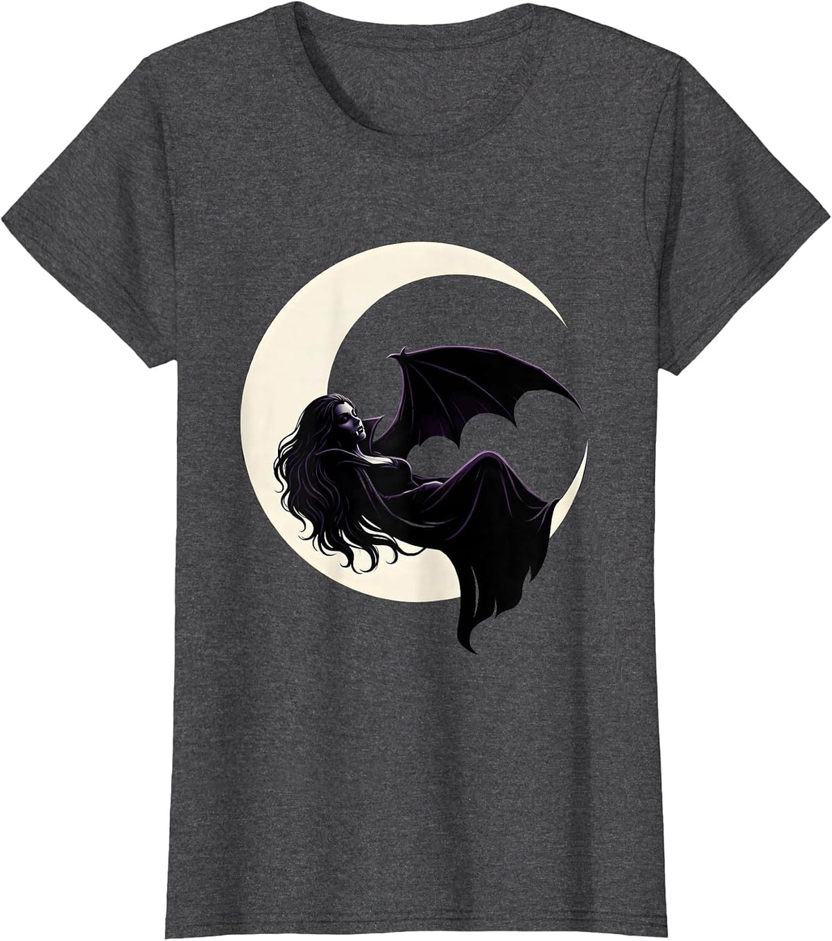 Women's Crescent Moon Sleeping Vampire Halloween Design T-Shirt - Dark Heather Grey