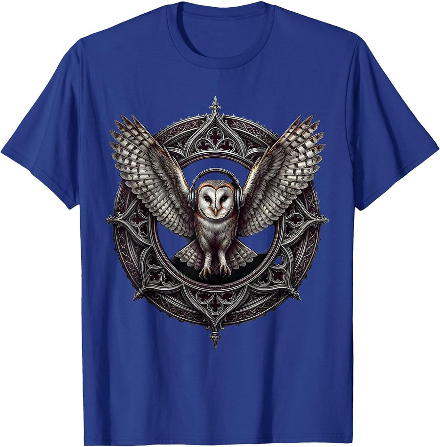 Barn Owl with Headphones in Flight Rock Music T-Shirt - Royal Blue